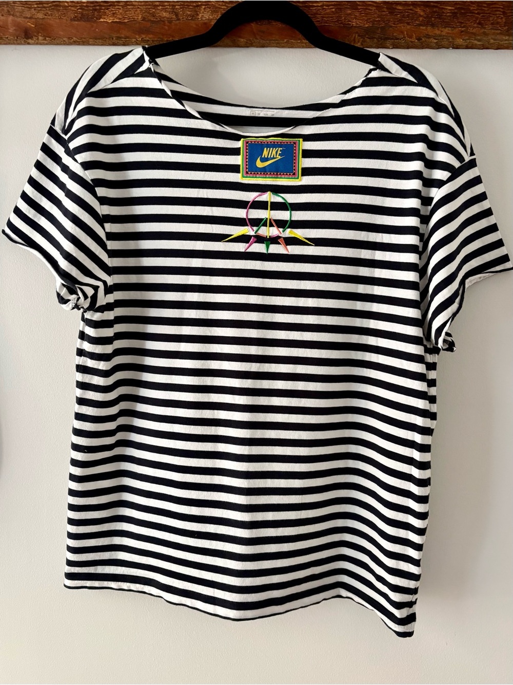 Nike—Black/White Striped Tee, Embroidery Peace Sign, Logo Patch (Oversized, XS)